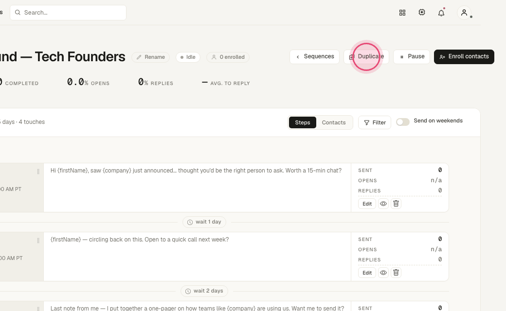 Step 5: Click "A" / "+" on a step to add a B variant for an A/B test.