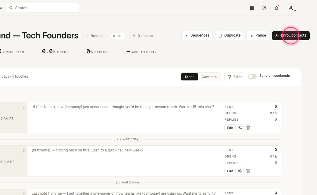 Step 7: Click "Enroll contacts" to add people, or add them from the Contacts page with Actions → Add to sequence.