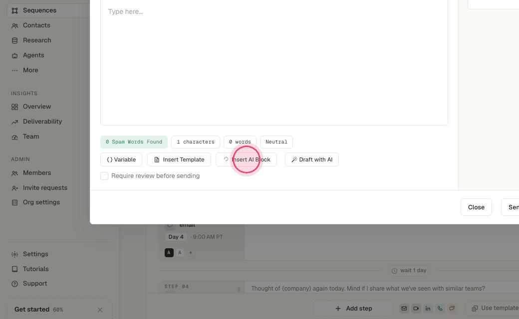 Step 7: "Insert AI Block" adds a sentence or paragraph the AI writes per contact inside your template.