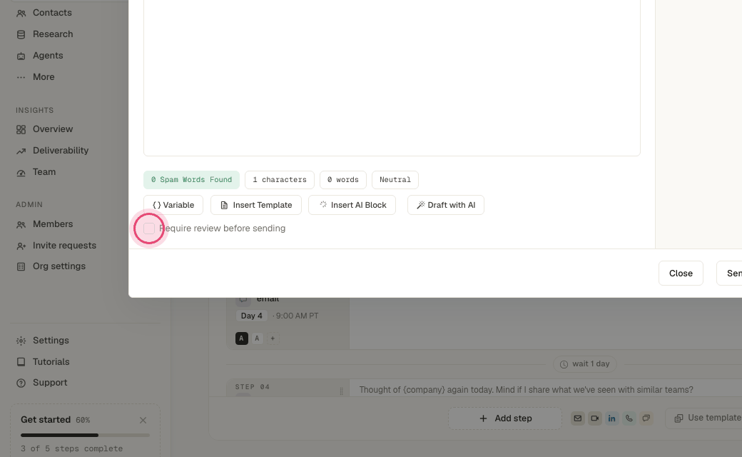 Step 8: "Require review before sending" holds each email for your OK in Message Center.
