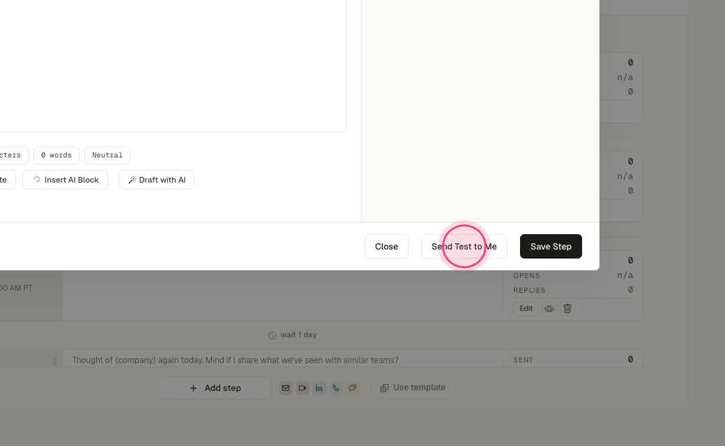 Step 9: "Send Test to Me" emails you the step with your own details filled in.