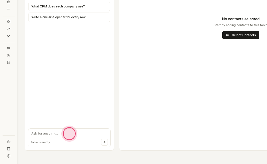 Step 6: Or ask Max in the left rail, e.g. "What CRM does each company use?" — it adds a column and fills it row by row after you approve.