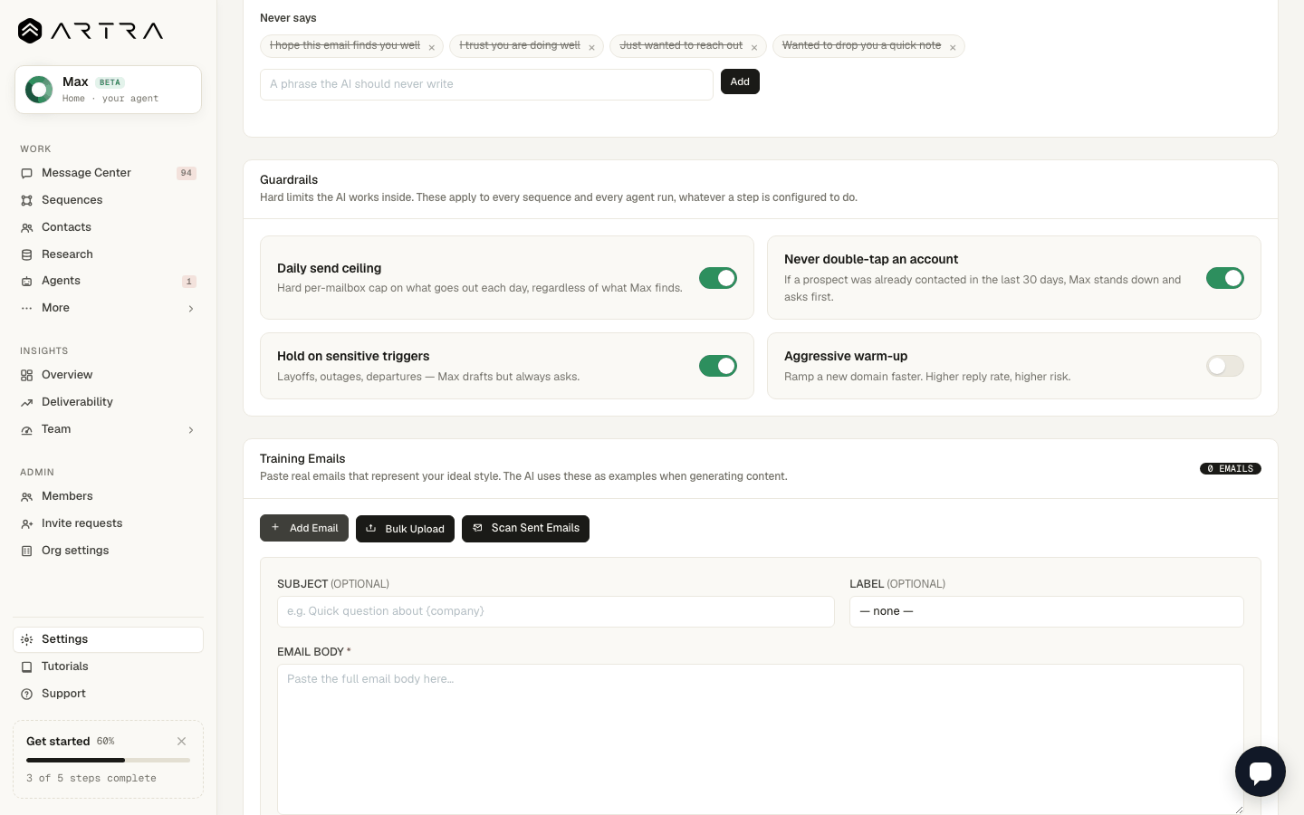 Step 3: Paste one email you are proud of. Three to five good examples beat fifty average ones.