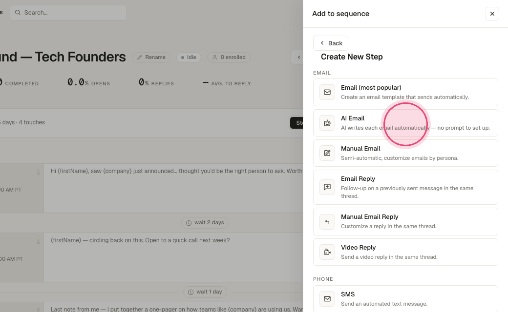 Step 3: An "AI Email" step has nothing to write now: it is generated the day it is due.