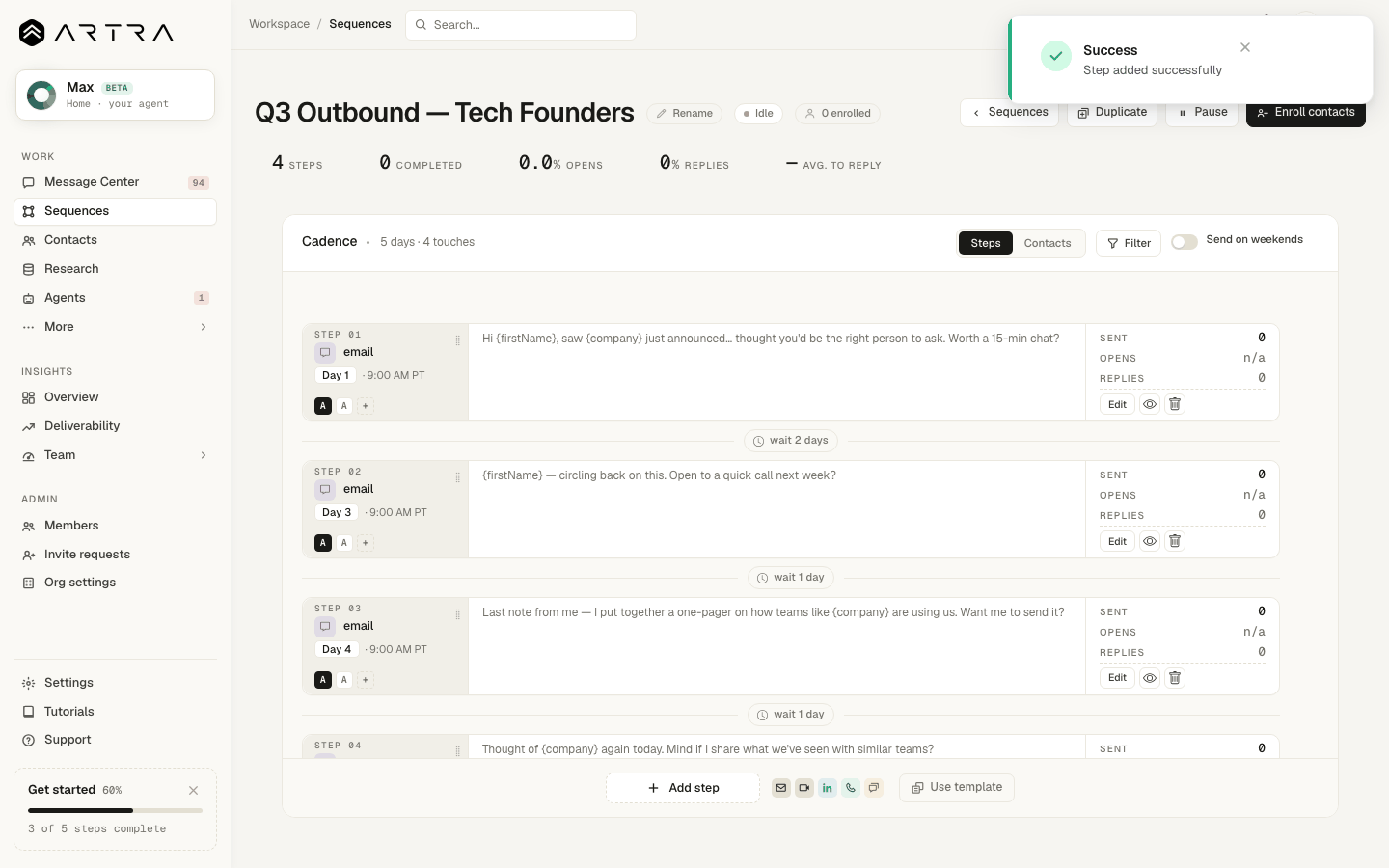 Step 4: The step shows "AI writes each email automatically". Research runs first, then the draft.