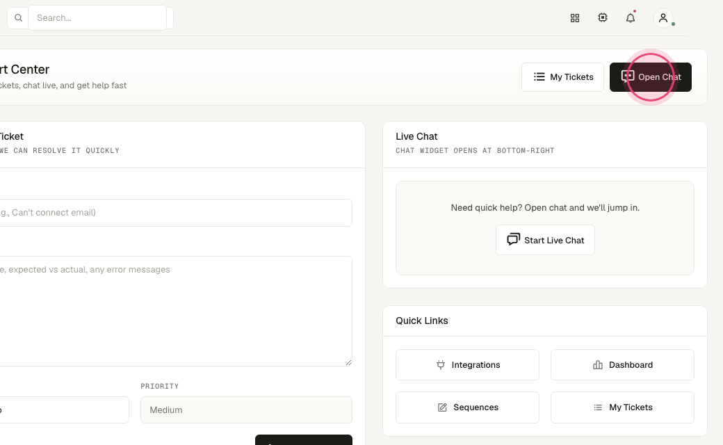 Step 2: Click "Open Chat" for a live answer; the chat button in the bottom-right works on every page too.