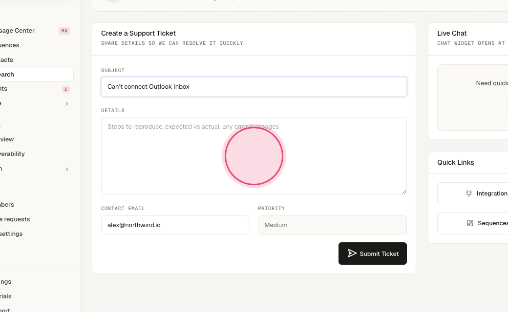Step 4: …describe what happened, and click "Submit Ticket". Track it under "My Tickets".