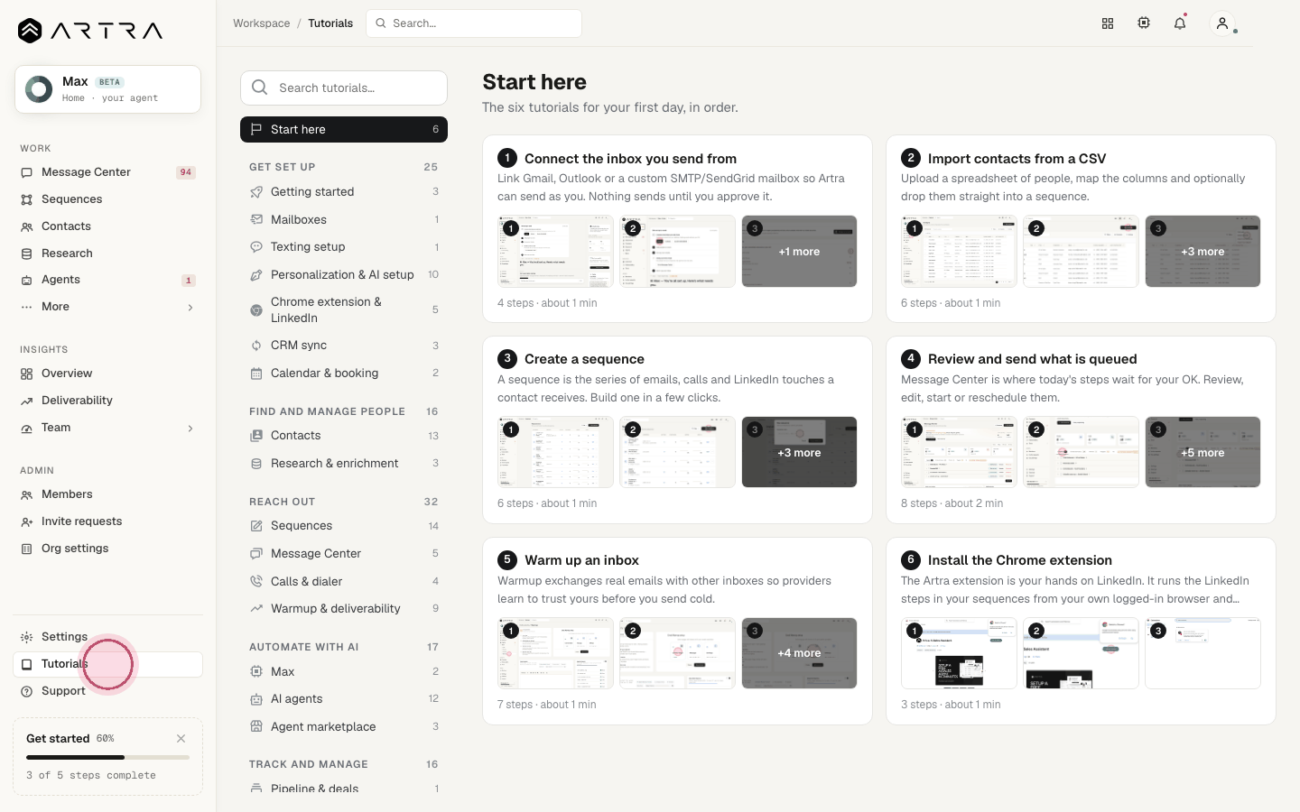Step 5: "Tutorials" has a click-by-click walkthrough for every part of Artra, with a search box.