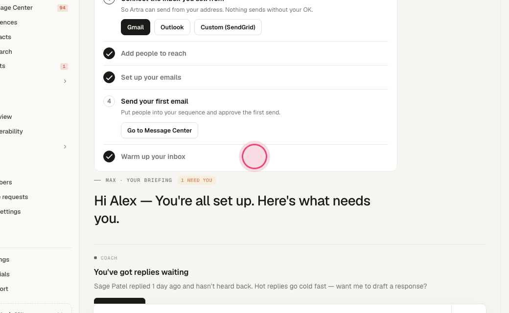 Step 3: Step 5 — "Warm up your inbox" builds sender reputation on a new inbox before you send cold. It is ticked once warmup is running.