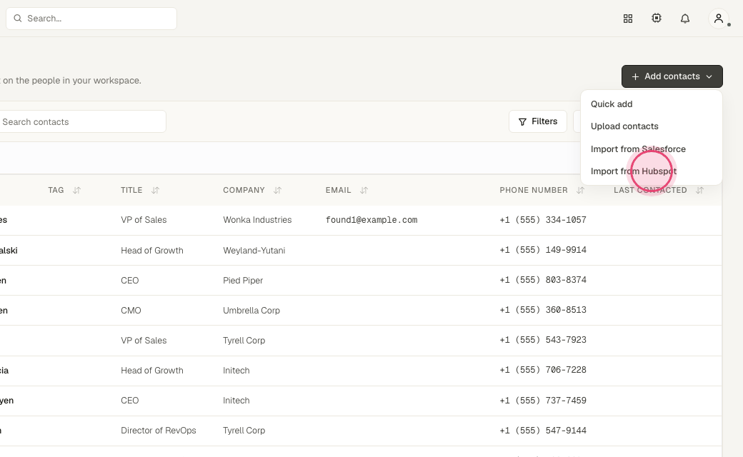 Step 3: Click "Import from Hubspot" and pick a list. Contacts are matched by email so nothing duplicates.