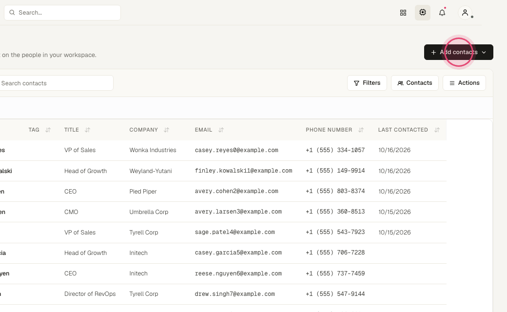 Step 2: Click "Add contacts" in the top-right.