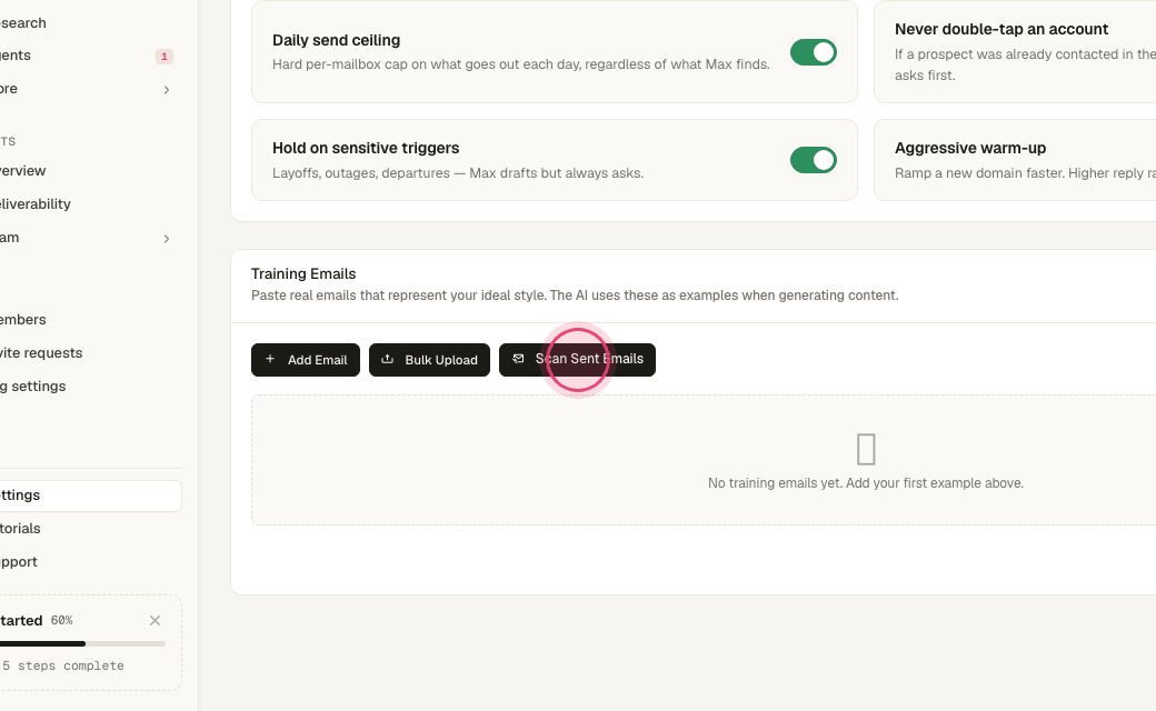 Step 2: Click "Scan Sent Emails". Artra reads recent sent mail from your connected inbox and keeps the ones that look like outreach.
