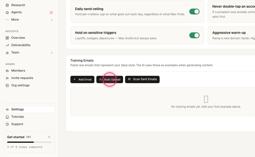 Step 3: Or "Bulk Upload" a file of past emails.