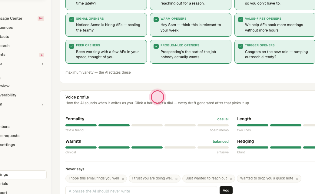 Step 4: The result is your "Voice profile": formality, length, warmth and hedging dials you can nudge.
