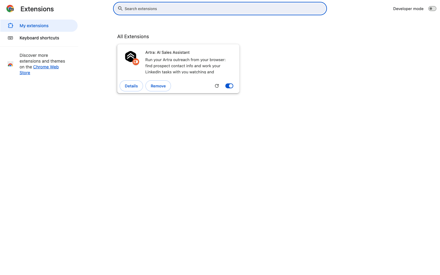 Step 3: It appears under chrome://extensions. Click the puzzle-piece icon in the toolbar and pin Artra so it is one click away.
