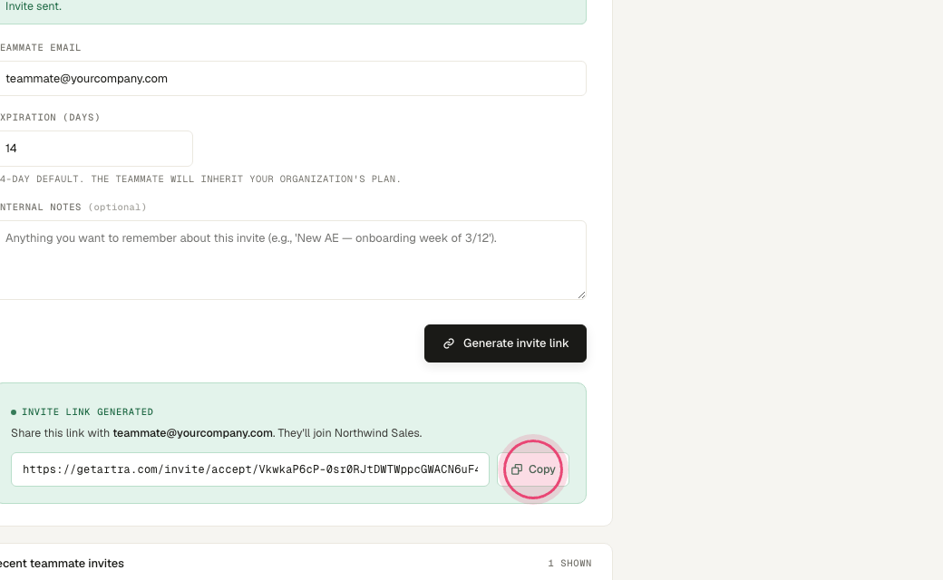 Step 6: The link appears here — click "Copy" and send it. Pending invites and join requests show under "Invite requests".