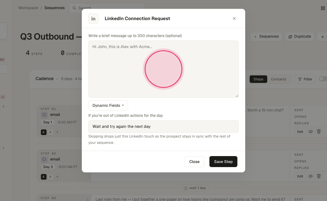 Step 5: Write the note (optional, 300 characters). Fields work here too.