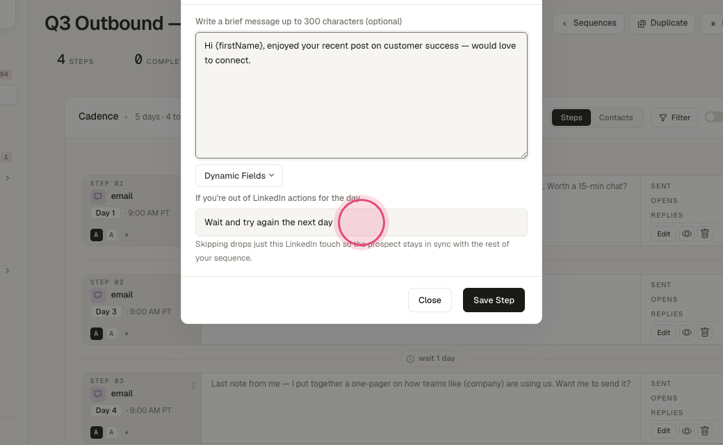 Step 6: Choose what happens when you hit the daily LinkedIn limit: wait and retry tomorrow, or skip the step.