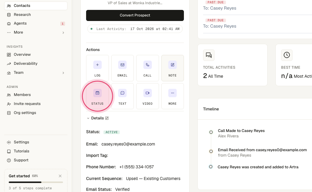 Step 6: Click "Status" to move them between active, replied, meeting booked, not interested and so on.