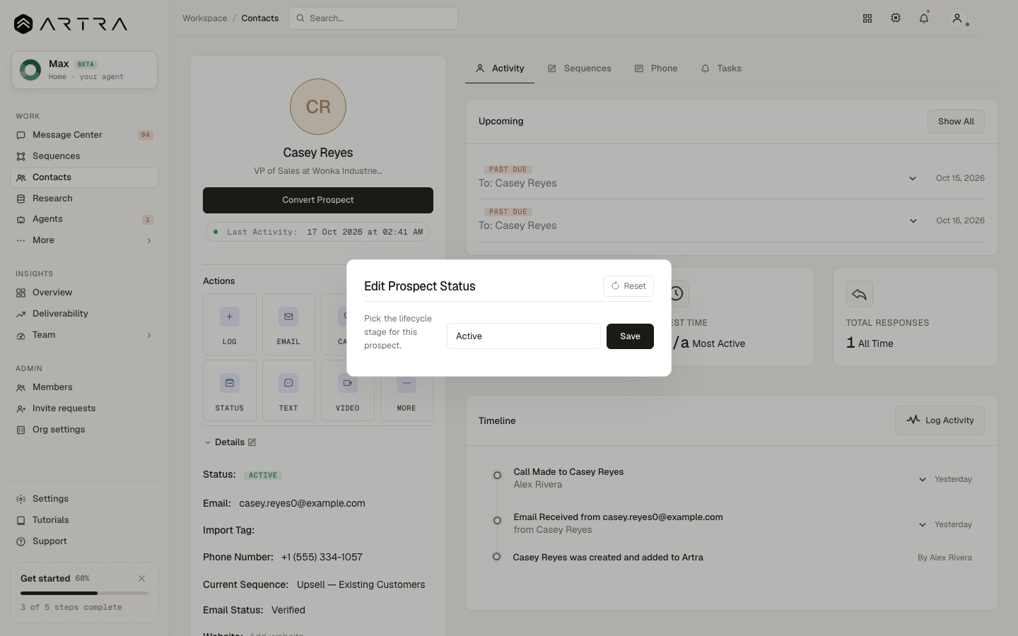 Step 7: Choose the status. Statuses drive the pipeline and the Positive replies list.