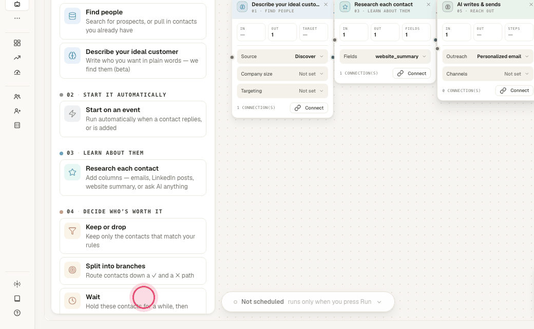 Step 3: "Wait" holds contacts for a number of days before the next step, e.g. after a connection request.