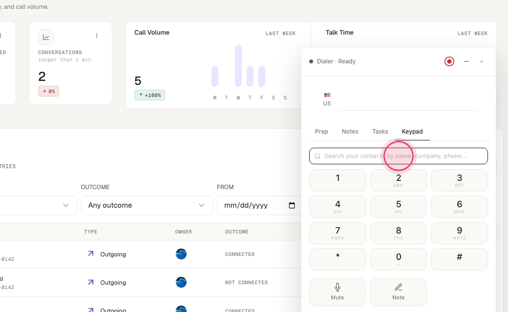 Step 3: Search a contact by name, company or phone — or type a number on the keypad.