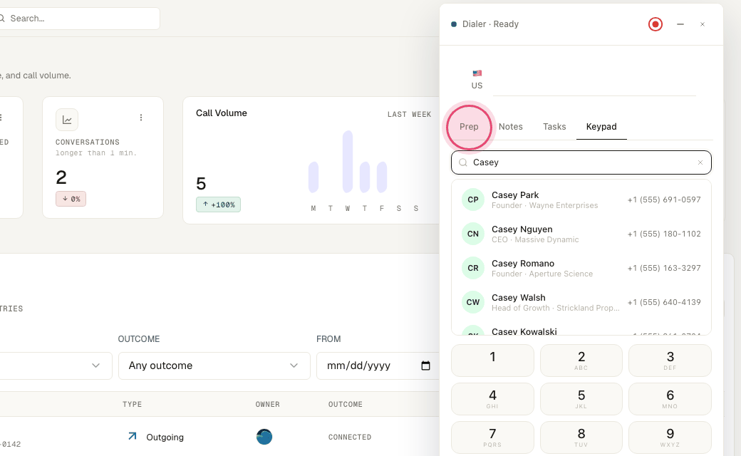 Step 4: "Prep" shows the contact's recent activity and notes before you dial; "Notes" and "Tasks" are there during the call.