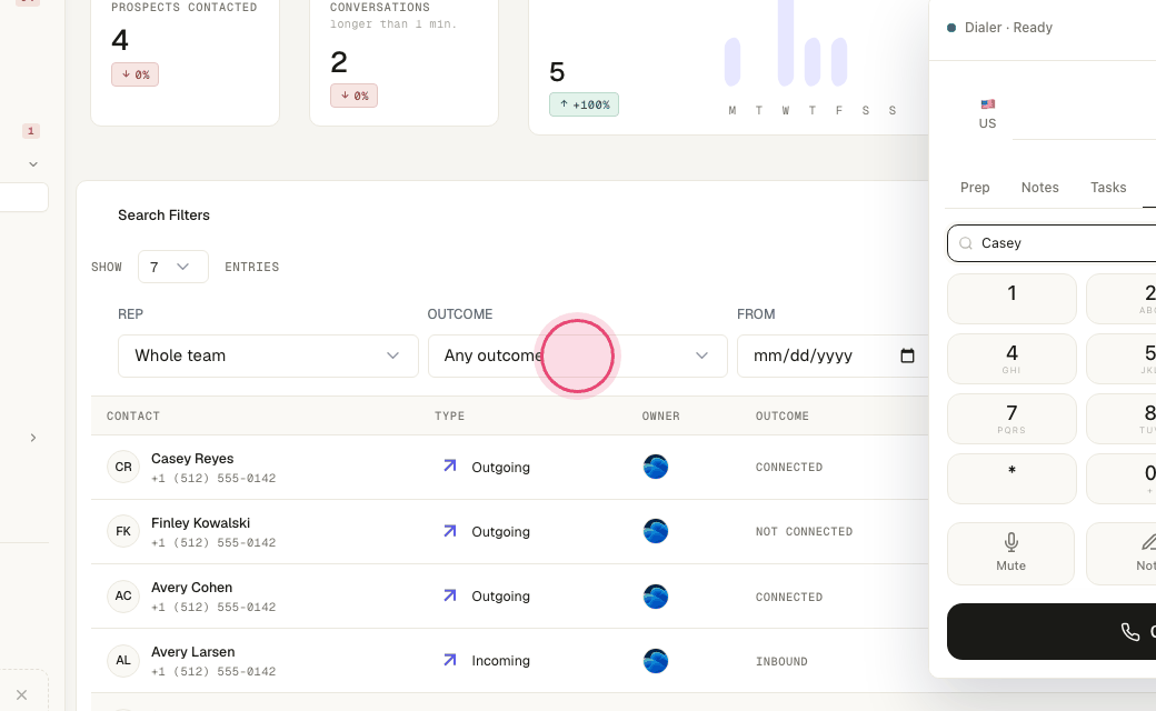 Step 6: Back on Calls, filter history by rep, outcome and date to review what happened.
