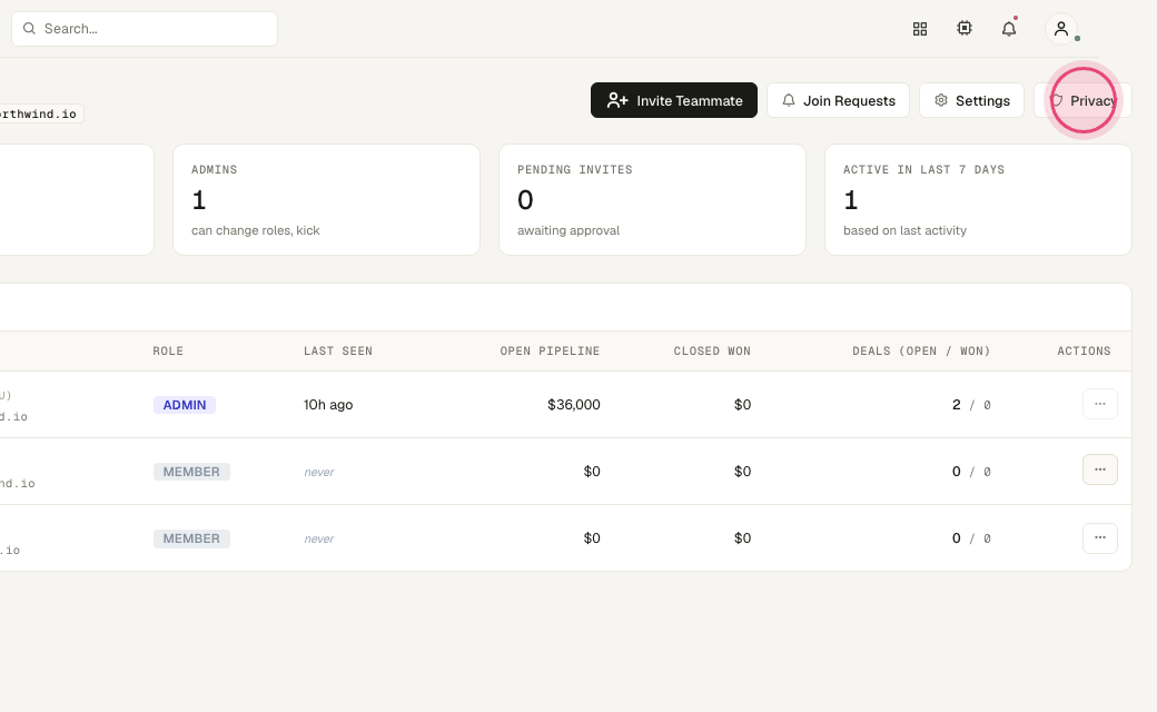 Step 5: "Privacy" handles data export and erasure requests for the org.
