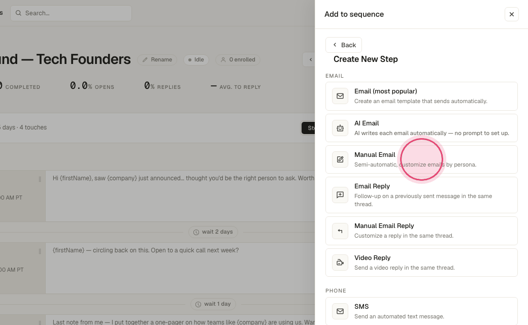Step 3: "Manual Email" drafts from your template but waits for you to personalize and send.