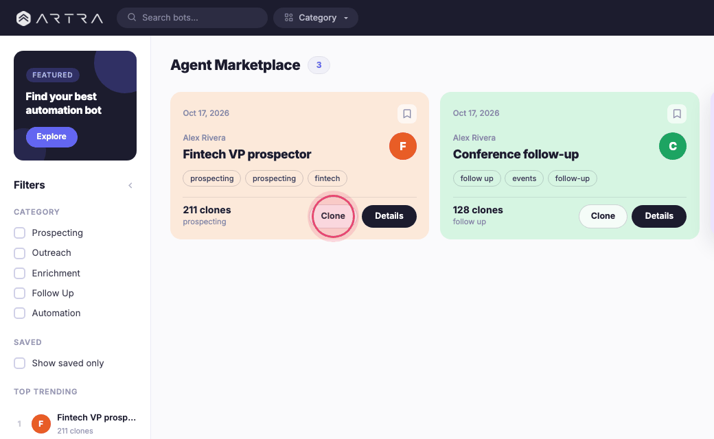 Step 3: Click "Clone" on a card to copy it into your Agents. Edit it in the builder like any agent; the original is unaffected.