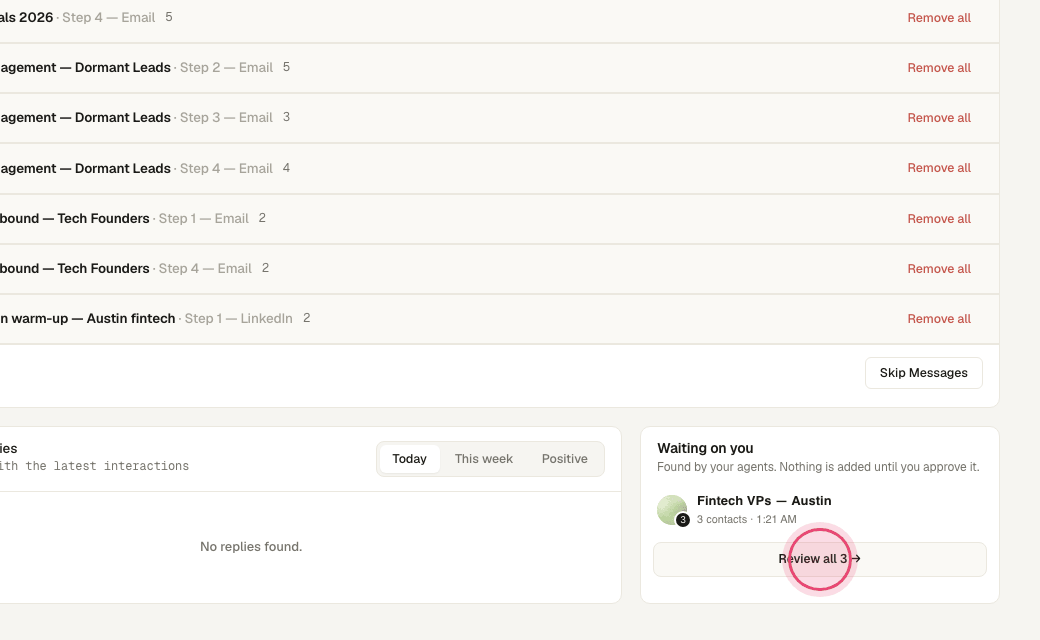 Step 6: "Review" holds AI drafts and agent sends waiting for your OK.