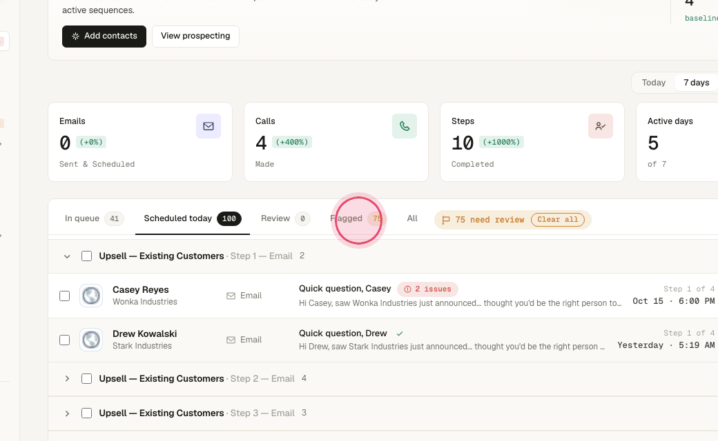 Step 7: "Flagged" are messages the pre-send check wants you to look at: missing fields, spam words, recently contacted.