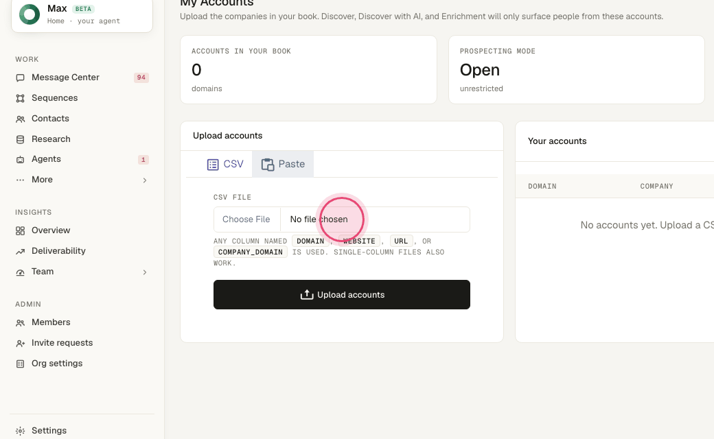 Step 2: Upload a CSV of company domains (one per row) and click "Upload accounts".