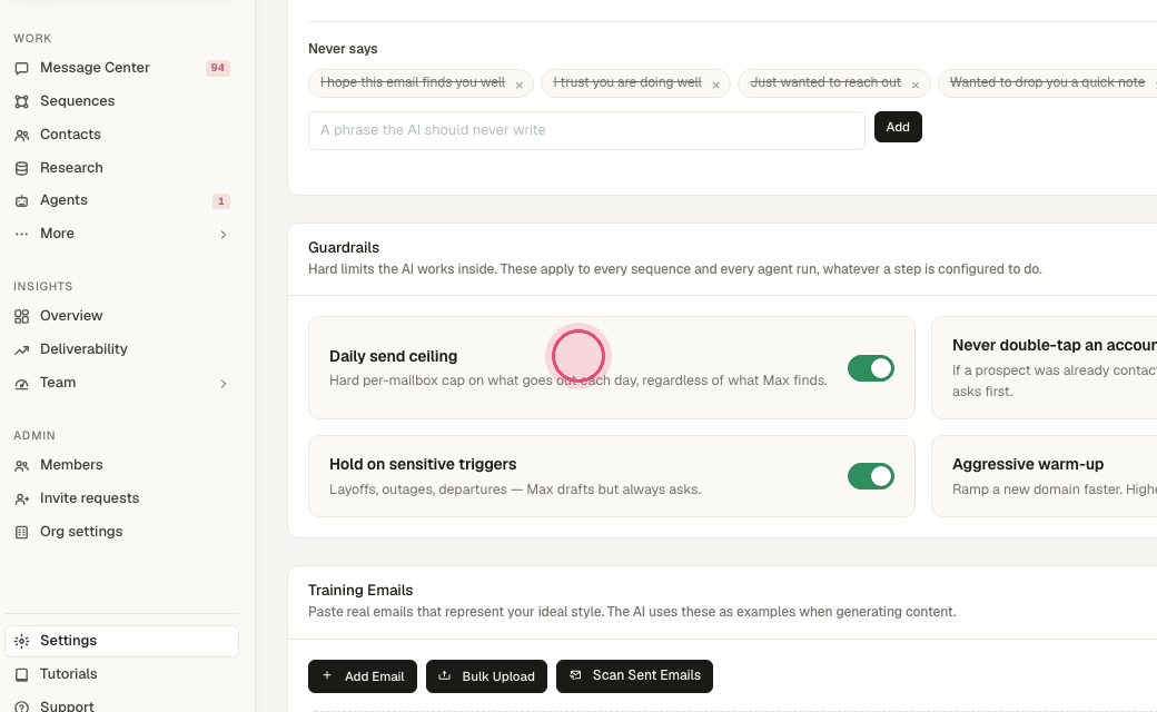 Step 4: Guardrails: daily send ceiling, never double-tap an account, hold on sensitive triggers, aggressive warm-up.