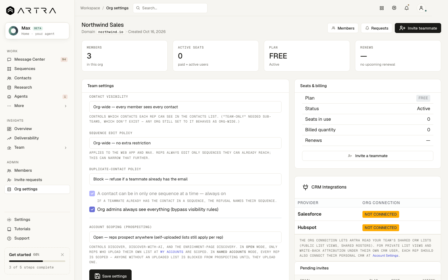 Step 5: Org settings holds the rest: visibility, collision policy and account scoping that agents respect.