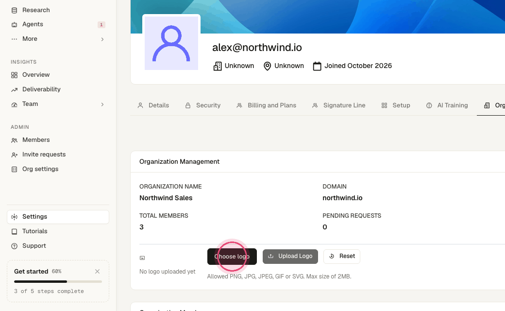 Step 4: Click "Choose logo" then "Upload Logo" — it shows in the sidebar and on your booking page.