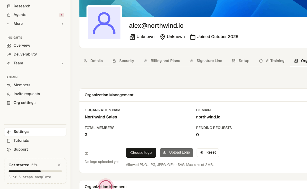 Step 5: Members and roles are managed under Admin → Members.