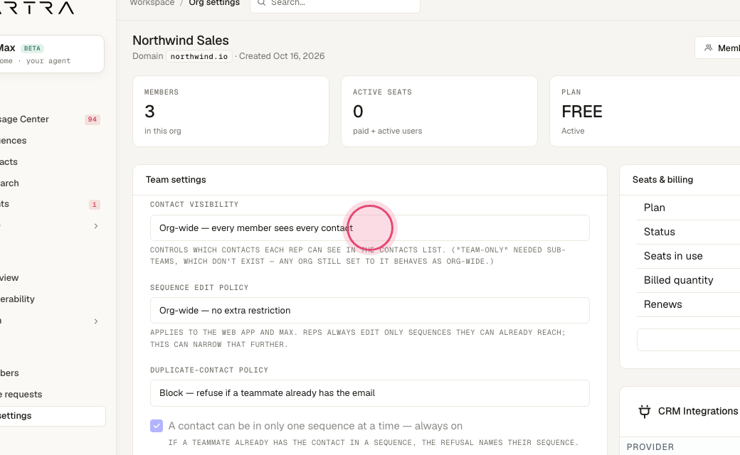 Step 2: "Contact visibility" — org-wide or owner-only.