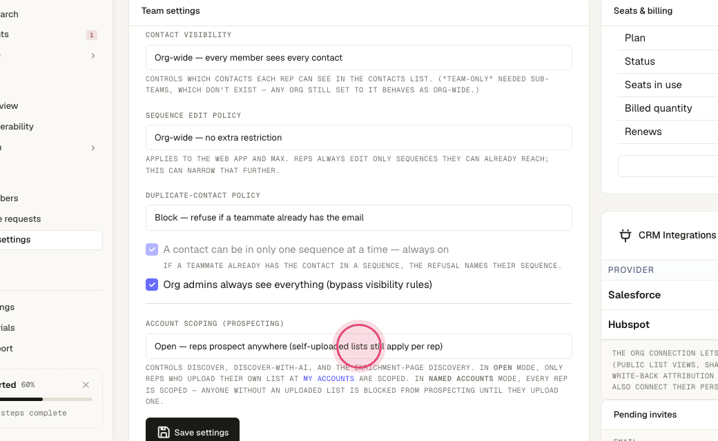 Step 5: "Account scoping" keeps reps inside their named accounts when prospecting.