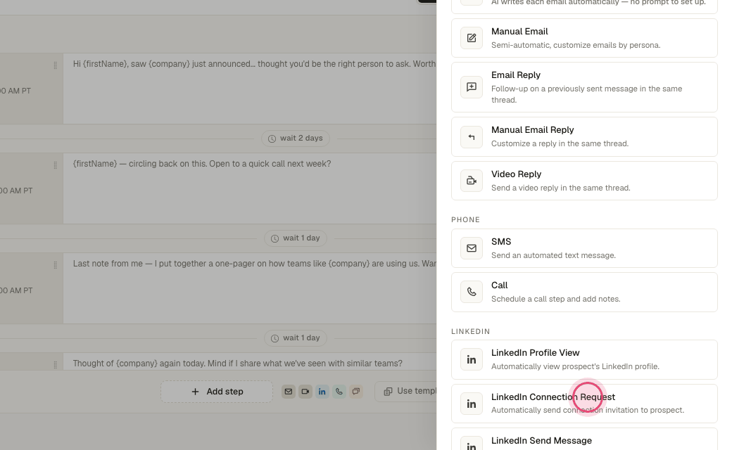 Step 4: "LinkedIn Profile View", "Connection Request" and "Send Message" run through the Artra Chrome extension on your own LinkedIn account, within daily limits.