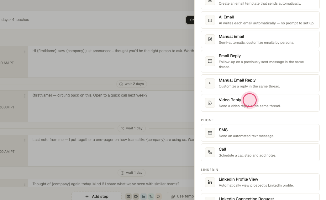 Step 5: "Video Reply" records a short video and sends it in the same thread, with view tracking.