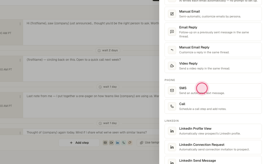 Step 7: "SMS" needs A2P registration (Settings → Setup) first; until then it is greyed out.
