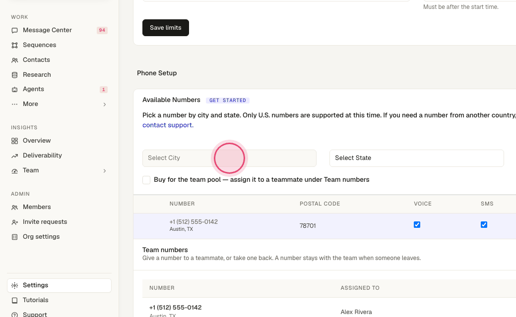 Step 3: Under "Phone Setup", choose a city for the area code you want.