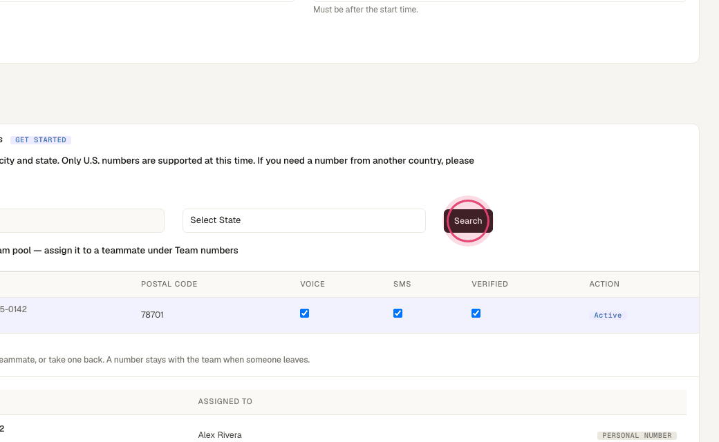 Step 4: Click "Search" and pick a number. Texting (SMS) also needs the A2P 10DLC registration further down this tab; calling works right away.