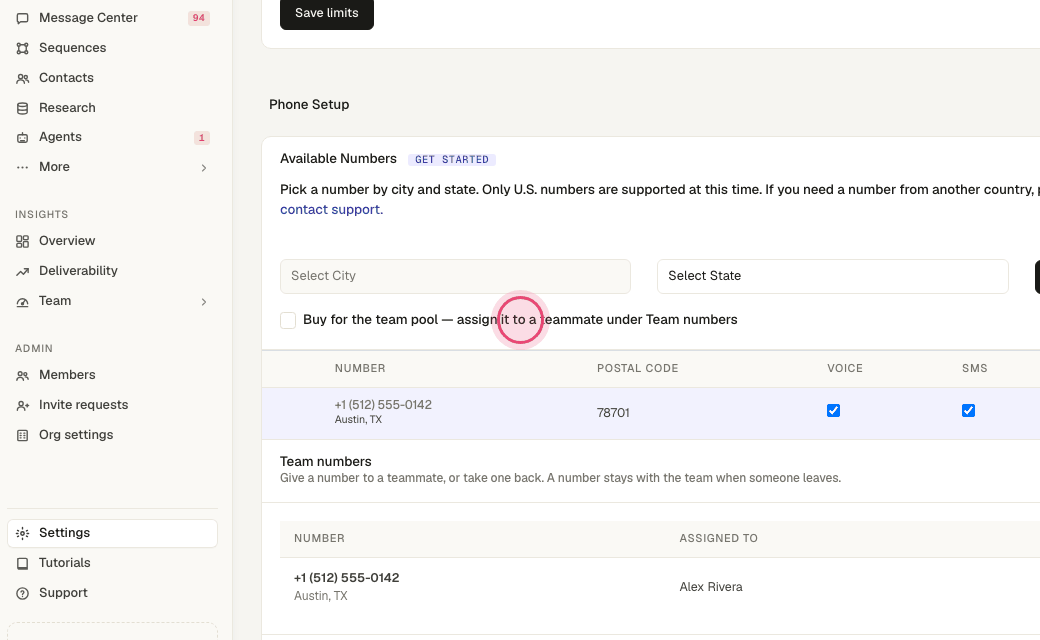 Step 5: Admins on Pro+ or Scale can buy numbers into a team pool and assign them to reps. Once you own a number, call forwarding and recording settings appear here too.