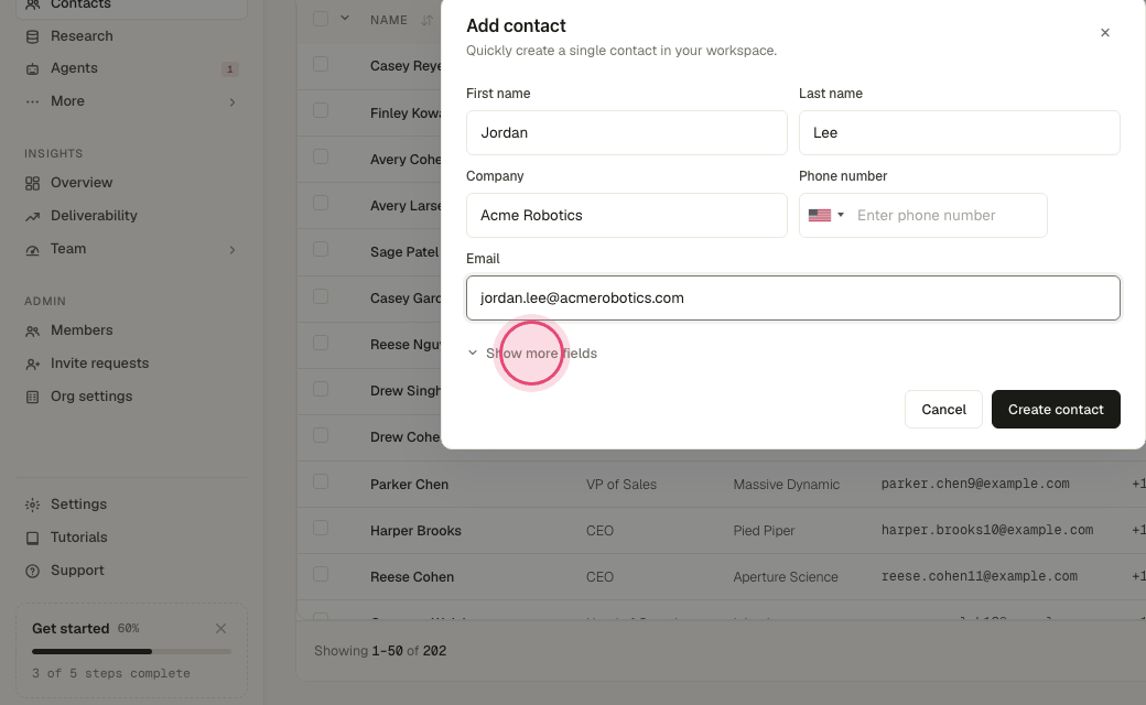 Step 8: Click "Show more fields" for title, tag, LinkedIn, website and company phone.