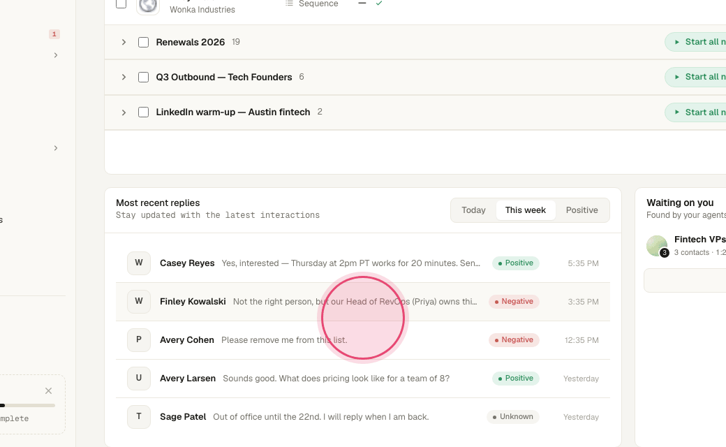 Step 3: Each reply shows the person, the sequence and the message. A reply pauses that person’s sequence automatically.