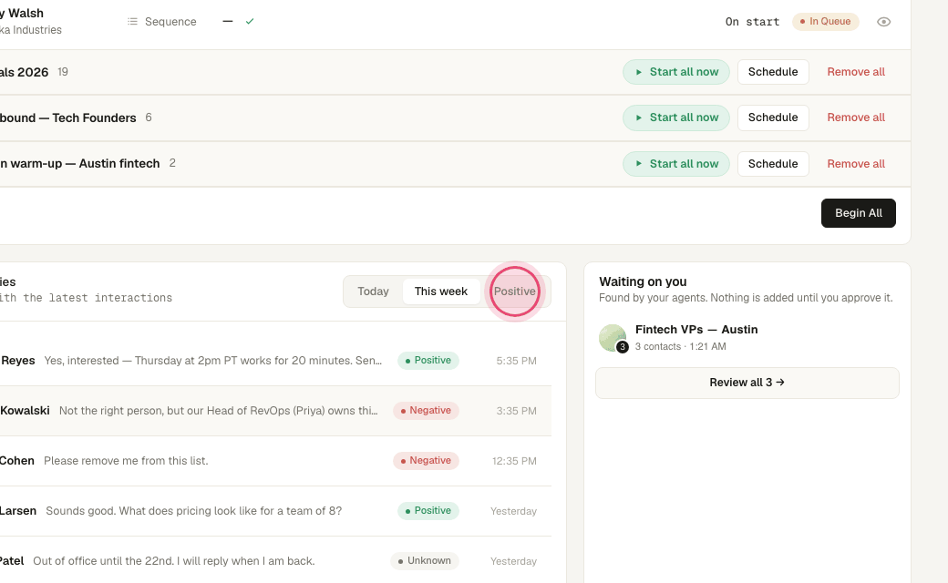 Step 4: Click "Positive" to see only replies that read as interested — these are the ones to act on first.