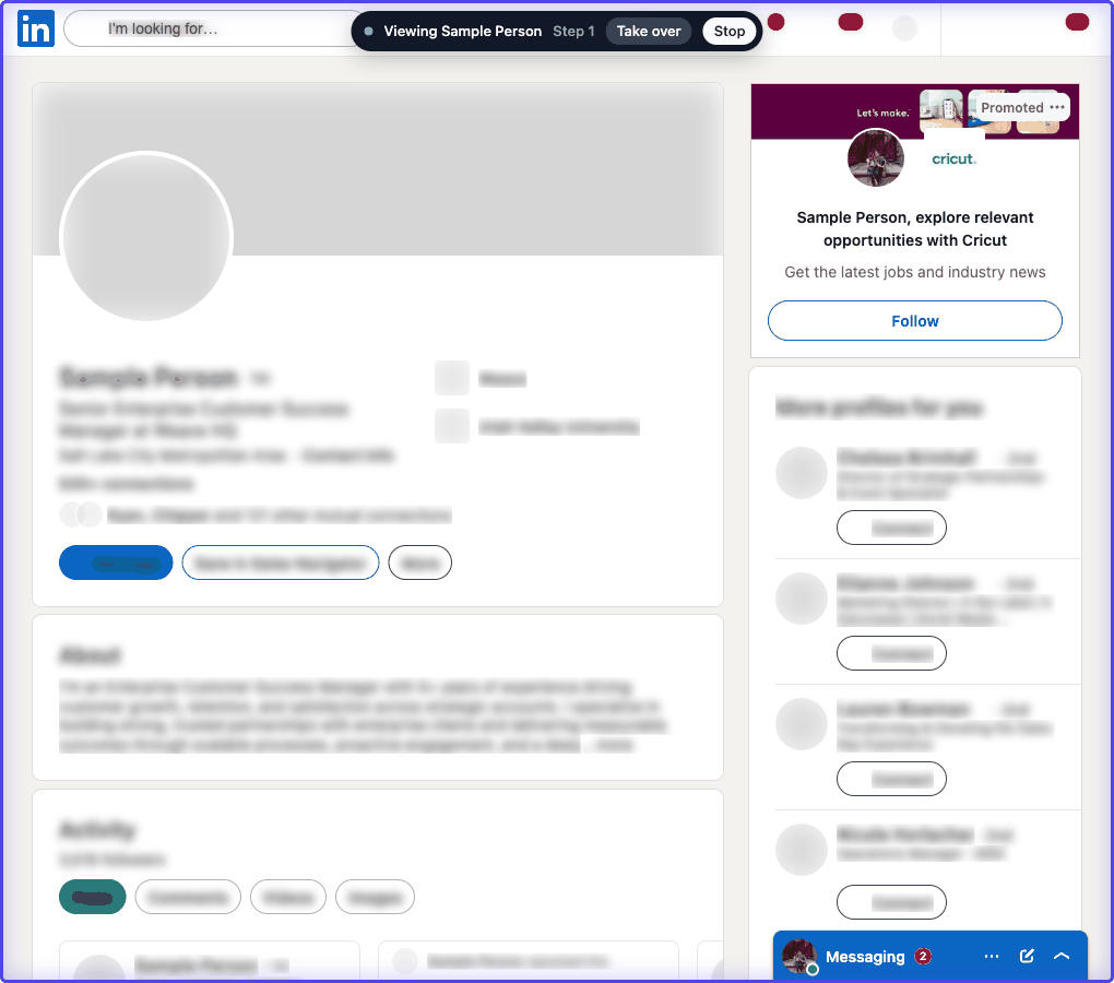 Step 3: Chrome opens a tab in an "Artra" tab group and works through the profiles one at a time, with a human-like pause between them. Keep the tab visible; it pauses when hidden.